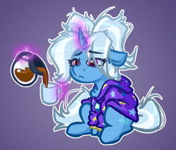 Size: 4000x3400 | Tagged: safe, artist:witchtaunter, trixie (mlp), equine, fictional species, mammal, pony, unicorn, feral, friendship is magic, gameloft, hasbro, my little pony, 2020, :<, clothes, coffee, coffee mug, eye through hair, female, floppy ears, frowning, glowing, glowing horn, gradient background, hair, hair over one eye, high res, hoodie, hooves, horn, magic, mare, messy mane, mug, purple eyes, sitting, sleepy, solo, solo female, tail, telekinesis, tired, topwear