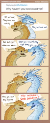 Size: 620x1522 | Tagged: safe, artist:fluffdarken, qibli (wings of fire), winter (wings of fire), dragon, fictional species, icewing, reptile, sandwing, western dragon, feral, twitter, wings of fire (book series), ask, blushing, dialogue, duo, ear piercing, earring, english text, feral/feral, hair, horns, kissing, male, male/male, mane, open mouth, piercing, qinter (wings of fire), scales, scar, sharp teeth, shipping, signature, speech bubble, talking, teeth
