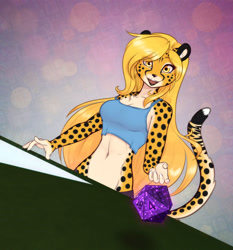 Size: 2615x2800 | Tagged: safe, artist:scorpdk, oc, oc only, oc:mihari (scorpdk), cheetah, feline, mammal, anthro, abstract background, adorasexy, belly button, big breasts, blonde, breasts, cheek fluff, chest fluff, claws, cleavage, clothes, crop top, cute, cute little fangs, d20, dice, eye through hair, eyelashes, female, fluff, front view, hair, hair over one eye, high res, lips, looking at you, midriff, pale belly, sexy, smiling, solo, solo female, spots, table, tail, tail fluff, tank top, topwear, yellow eyes