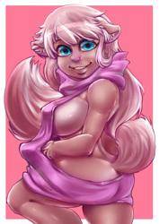 Size: 1920x2715 | Tagged: species needed, suggestive, artist:apolo18, oc, oc only, mammal, anthro, breasts, clothes, commission, female, floppy ears, grin, looking back, nipple outline, solo, solo female, sweater, topwear, virgin killer sweater, ych result