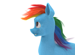 Size: 1469x1075 | Tagged: safe, artist:expatriate., rainbow dash (mlp), equine, fictional species, mammal, pegasus, pony, feral, friendship is magic, hasbro, my little pony, 3d, blender cycles, female, fur, simple background, solo, solo female, white background