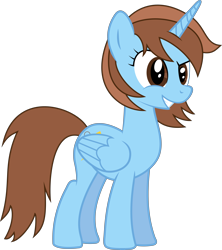 Size: 7358x8297 | Tagged: safe, artist:djdavid98, oc, oc only, oc:hair zippy, alicorn, equine, fictional species, mammal, pony, feral, friendship is magic, hasbro, my little pony, .ai available, .svg available, 2014, absurd resolution, blue fur, brown eyes, brown hair, cutie mark, female, fur, hair, hooves, horn, simple background, smirk, solo, solo female, tail, transparent background, vector, wings