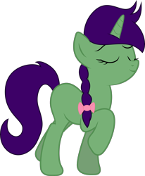 Size: 6830x8269 | Tagged: safe, artist:djdavid98, artist:grape-qt, oc, oc only, oc:grape vine, equine, fictional species, mammal, pony, unicorn, feral, friendship is magic, hasbro, my little pony, .ai available, .svg available, 2014, absurd resolution, bow, eyes closed, female, fur, green fur, hair, hair bow, hooves, horn, purple hair, raised leg, simple background, solo, solo female, tail, transparent background, vector