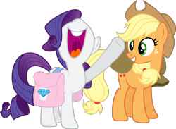 Size: 11251x8232 | Tagged: safe, artist:djdavid98, artist:uxyd, applejack (mlp), rarity (mlp), earth pony, equine, fictional species, mammal, pony, unicorn, feral, cc by-sa, creative commons, friendship is magic, hasbro, my little pony, 2014, absurd resolution, bag, carrying, clothes, cutie mark, duo, duo female, female, females only, freckles, fur, green eyes, hair, hat, hooves, horn, on model, open mouth, orange fur, purple hair, saddle bag, simple background, smiling, tail, teeth, transparent background, vector, white fur, yellow hair