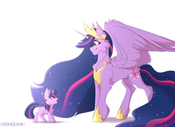 Size: 2000x1445 | Tagged: dead source, safe, artist:verystrangebun, twilight sparkle (mlp), alicorn, equine, fictional species, mammal, pony, unicorn, feral, friendship is magic, hasbro, my little pony, spoiler, spoiler:the last problem (mlp:fim), amazed, cheek fluff, chest fluff, crown, crying, cutie mark, dock, duality, duo, ethereal mane, feathered wings, feathers, female, fluff, horn, jewelry, looking at each other, mare, peytral, regalia, self paradox, signature, simple background, smiling, tail, tears of joy, teary eyes, time paradox, white background, wings, young