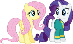 Size: 9298x5668 | Tagged: safe, artist:djdavid98, artist:hawk9mm, fluttershy (mlp), rarity (mlp), equine, fictional species, mammal, pegasus, pony, unicorn, feral, cc by-sa, creative commons, friendship is magic, hasbro, my little pony, .ai available, .svg available, 2014, absurd resolution, blue eyes, clothes, cutie mark, cyan eyes, duo, duo female, female, females only, fur, group, hair, hooves, horn, looking at each other, on model, outfit, pink hair, purple hair, simple background, tail, transparent background, vector, white fur, wings, yellow fur