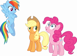 Size: 15968x11679 | Tagged: safe, artist:djdavid98, artist:embersatdawn, artist:intbrony, artist:uxyd, applejack (mlp), pinkie pie (mlp), rainbow dash (mlp), earth pony, equine, fictional species, mammal, pegasus, pony, feral, cc by-sa, creative commons, friendship is magic, hasbro, my little pony, .ai available, .svg available, 2014, absurd resolution, blue eyes, blue fur, cutie mark, female, females only, flying, fur, green eyes, group, hair, hooves, looking at each other, magenta eyes, on model, orange fur, pink fur, pink hair, rainbow hair, simple background, spread wings, transparent background, trio, trio female, vector, wings, yellow hair