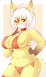 Size: 1000x1666 | Tagged: species needed, suggestive, artist:faeki_dk, oc, oc only, mammal, anthro, absolute cleavage, big breasts, bikini, breasts, cat bell, clothes, collar, female, shhh, simple background, solo, solo female, underwear, white background