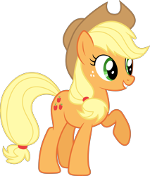 Size: 7028x8264 | Tagged: safe, artist:djdavid98, artist:uxyd, applejack (mlp), earth pony, equine, fictional species, mammal, pony, feral, friendship is magic, hasbro, my little pony, .ai available, .svg available, 2014, absurd resolution, clothes, cutie mark, female, freckles, fur, green eyes, hair, hat, hooves, on model, orange fur, raised leg, simple background, smiling, solo, solo female, tail, teeth, transparent background, vector, yellow hair