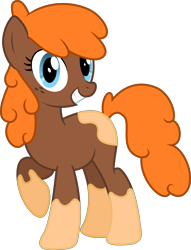 Size: 6231x8161 | Tagged: safe, artist:djdavid98, artist:overdriv3n, oc, oc only, oc:püdding, earth pony, equine, fictional species, mammal, pony, feral, friendship is magic, hasbro, my little pony, .ai available, .svg available, 2014, absurd resolution, blue eyes, brown fur, female, fur, hair, hooves, looking at you, orange hair, raised leg, simple background, smiling, socks (leg marking), solo, solo female, tail, teeth, transparent background, vector
