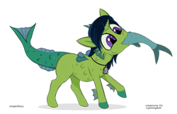 Size: 2800x1800 | Tagged: safe, artist:stoopedhooy, oc, oc only, oc:demon hellspawn, fictional species, fish, half-siren, hybrid, mammal, feral, friendship is magic, hasbro, my little pony, 2020, baby, blue hair, blue mane, colored hooves, commission, digital art, eating, fangs, fins, fish tail, foal, fur, green fur, hair, hooves, horn, interspecies offspring, jewelry, leviathan cross, magical gay spawn, male, mane, necklace, offspring, predation, purple eyes, scales, simple background, slit pupils, solo, solo male, swallowing, tail, teeth, transparent background, young