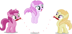 Size: 8191x3920 | Tagged: safe, artist:djdavid98, noi (mlp), piña colada (mlp), ruby pinch (mlp), earth pony, equine, fictional species, mammal, pony, feral, friendship is magic, hasbro, my little pony, .ai available, .svg available, 2014, absurd resolution, female, females only, filly, foal, fur, group, hair, holding, hooves, jump rope, jumping, mouth hold, on model, open mouth, pink fur, pink hair, simple background, smiling, transparent background, trio, trio female, vector, yellow fur, yellow hair, young