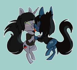 Size: 1631x1476 | Tagged: safe, artist:petalierre, earth pony, equine, fictional species, mammal, pony, undead, unicorn, zombie, zombie pony, feral, bring me the horizon, friendship is magic, hasbro, kellin quinn, my little pony, oliver sykes, sleeping with sirens, 2020, bags under eyes, bipedal, bipedal leaning, black hair, black mane, black tail, blue background, blue fur, blushing, bone, boop, brown hair, brown mane, brown tail, clothes, commission, cutie mark, digital art, disguise, disguised siren, duo, eyes closed, fangs, feral/feral, feralized, fur, furrified, gray fur, hair, happy, holding hooves, hooves, horn, jewelry, leaning, long sleeves, long tail, male, male/male, mane, necklace, noseboop, ponified, scar, shipping, shirt, signature, simple background, spiral horn, stitches, t-shirt, tail, teeth, tongue, tongue out, topwear, ych result