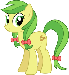 Size: 7633x8181 | Tagged: safe, artist:djdavid98, artist:eugenebrony, artist:pangbot, apple fritter (mlp), earth pony, equine, fictional species, mammal, pony, feral, friendship is magic, hasbro, my little pony, .ai available, .svg available, 2015, absurd resolution, bow, cutie mark, female, fur, green hair, hair, hair bow, hooves, looking at you, on model, simple background, solo, solo female, tail, transparent background, vector, yellow fur