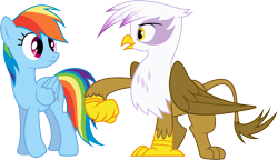 Size: 14236x8188 | Tagged: safe, artist:djdavid98, artist:embersatdawn, gilda (mlp), rainbow dash (mlp), bird, equine, feline, fictional species, gryphon, mammal, pegasus, pony, feral, friendship is magic, hasbro, my little pony, .ai available, .svg available, 2015, absurd resolution, blue fur, brown feathers, brown fur, cutie mark, duo, duo female, feathers, female, females only, fur, group, hair, hooves, looking at each other, magenta eyes, on model, rainbow hair, simple background, tail, transparent background, vector, white fur, wings, yellow eyes