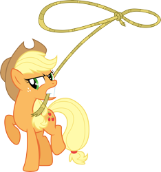 Size: 9976x10671 | Tagged: safe, artist:djdavid98, artist:uxyd, applejack (mlp), earth pony, equine, fictional species, mammal, pony, feral, friendship is magic, hasbro, my little pony, .ai available, 2015, absurd resolution, clothes, cutie mark, female, freckles, fur, green eyes, hair, hat, holding, hooves, lasso, looking at something, mouth hold, on model, orange fur, raised leg, simple background, solo, solo female, tail, teeth, transparent background, vector, yellow hair
