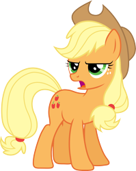 Size: 6603x8295 | Tagged: safe, artist:djdavid98, artist:uxyd, applejack (mlp), earth pony, equine, fictional species, mammal, pony, feral, friendship is magic, hasbro, my little pony, .ai available, 2015, absurd resolution, clothes, cutie mark, female, freckles, fur, green eyes, hair, hat, hooves, on model, open mouth, orange fur, simple background, solo, solo female, tail, transparent background, vector, yellow hair