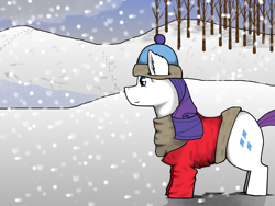 Size: 1600x1200 | Tagged: safe, artist:zeronitroman, rarity (mlp), equine, fictional species, mammal, pony, unicorn, feral, friendship is magic, hasbro, my little pony, 2016, clothes, cutie mark, female, hat, horn, mare, scarf, smiling, snow, solo, solo female, tail, tree, winter