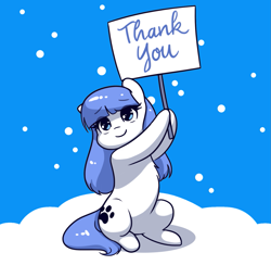 Size: 1413x1379 | Tagged: safe, artist:katputze, edit, oc, oc only, oc:snow pup, equine, mammal, pony, feral, friendship is magic, hasbro, my little pony, 2018, cutie mark, english text, female, mare, sign, sitting, smiling, snow, solo, solo female, text, wingless
