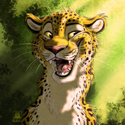 Size: 1000x1000 | Tagged: safe, artist:tanidareal, big cat, feline, leopard, mammal, feral, 2019, abstract background, ambiguous gender, bust, cheek fluff, chest fluff, ear fluff, fluff, front view, head fluff, looking sideways, neck fluff, open mouth, sharp teeth, shoulder fluff, signature, smiling, solo, solo ambiguous, teeth, watermark, whiskers, yellow eyes