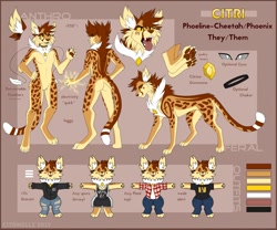 Size: 1280x1064 | Tagged: safe, artist:citrinelle, oc, oc only, oc:citri (citrinelle), bird, cheetah, feline, fictional species, hybrid, mammal, phoenix, anthro, digitigrade anthro, feral, ambiguous gender, butt, cheek fluff, chest fluff, chibi, choker, claws, close-up, clothes, color palette, ear fluff, electricity, english text, feathers, featureless crotch, fluff, front view, gem, hand on hip, head fluff, leg fluff, neck fluff, nonbinary, nudity, open mouth, paw pads, paws, picture-in-picture, pubic fluff, raised hand, reference sheet, sharp teeth, solo, solo ambiguous, spread arms, standing, tail, teeth, tongue, tongue out, underpaw, yellow eyes