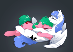 Size: 3500x2475 | Tagged: safe, artist:arctic-fox, oc, oc only, oc:pine berry, oc:snow pup, earth pony, equine, fictional species, mammal, pegasus, pony, feral, friendship is magic, hasbro, my little pony, 2018, bow, chest fluff, cuddling, cutie mark, duo, ear fluff, female, fluff, high res, hug, lying down, resting, simple background, sleeping, smiling, spread wings, tail, tail bow, wings