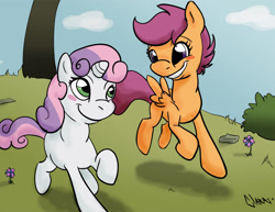 Size: 1400x1082 | Tagged: safe, artist:silent-nona-light, scootaloo (mlp), sweetie belle (mlp), equine, fictional species, mammal, pegasus, pony, unicorn, feral, friendship is magic, hasbro, my little pony, 2011, blushing, bush, cloud, duo, female, filly, flower, foal, hair, horn, outdoors, running, tail, tree, young
