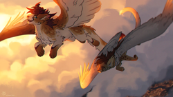 Size: 1185x667 | Tagged: safe, artist:verli, oc, oc only, oc:citri (citrinelle), oc:daine (verli), big cat, bird, cheetah, feline, fictional species, hybrid, mammal, phoenix, feral, 2019, ambiguous gender, chest fluff, cloud, duo, ear fluff, feathered wings, feathers, female, fluff, flying, hair, long ears, looking at someone, looking back, neck fluff, open mouth, paws, spread wings, tail, teeth, wings