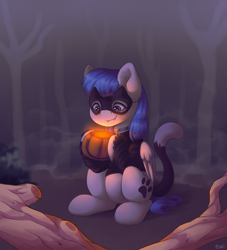 Size: 1818x2000 | Tagged: safe, alternate version, artist:spirit-dude, oc, oc only, oc:snow pup, equine, fictional species, mammal, pegasus, pony, feral, friendship is magic, hasbro, my little pony, 2018, animal costume, cat costume, clothes, collar, commission, costume, cutie mark, fangs, female, forest, halloween, halloween costume, holding, holiday, mask, paw prints, pumpkin bucket, sitting, smiling, solo, solo female, teeth, ych result