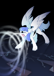 Size: 2121x3000 | Tagged: safe, artist:arctic-fox, oc, oc only, oc:snow pup, equine, fictional species, mammal, pegasus, pony, feral, friendship is magic, hasbro, my little pony, 2018, barking, bolt, clothes, costume, cracks, ears, feathered wings, feathers, female, hair, high res, kigurumi, open mouth, paws, solo, solo female, spread wings, standing, super powers, tail, wings
