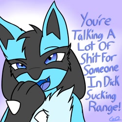 Size: 1000x1000 | Tagged: suggestive, artist:gyrodraws, fictional species, lucario, mammal, anthro, nintendo, pokémon, blue eyes, bust, cheek fluff, chest fluff, english text, fangs, fluff, gradient background, head fluff, looking at you, male, open mouth, paws, pure unfiltered evil, signature, smiling, solo, solo male, spike, swearing, talking, teeth, vulgar