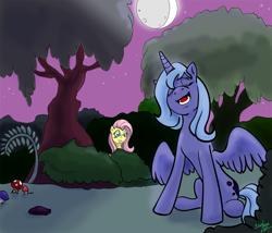 Size: 1000x857 | Tagged: safe, artist:silent-nona-light, fluttershy (mlp), princess luna (mlp), alicorn, equine, fictional species, mammal, pegasus, pony, feral, friendship is magic, hasbro, my little pony, 2011, amanita muscaria, bush, cutie mark, duo, feathered wings, feathers, female, forest, horn, moon, mushroom, night, night sky, no pupils, open mouth, outdoors, singing, sitting, sky, spread wings, tail, teal eyes, tree, wings