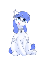 Size: 1768x2500 | Tagged: safe, artist:arctic-fox, oc, oc only, oc:snow pup, equine, fictional species, mammal, pegasus, pony, feral, friendship is magic, hasbro, my little pony, 2018, :p, blep, collar, ear fluff, female, fluff, looking up, mare, pet tag, silly, simple background, sitting, solo, solo female, tongue, tongue out, transparent background, wings