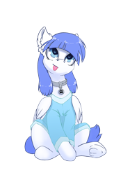 Size: 1768x2500 | Tagged: safe, alternate version, artist:arctic-fox, oc, oc only, oc:snow pup, equine, fictional species, mammal, pegasus, pony, feral, friendship is magic, hasbro, my little pony, 2018, :p, blep, clothes, collar, ear fluff, female, fluff, head tilt, looking up, mare, pajamas, pet tag, silly, sitting, solo, solo female, tongue, tongue out, wings