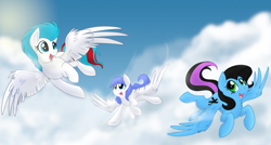 Size: 1600x860 | Tagged: safe, artist:itstaylor-made, nameless oc, oc, oc only, oc:snow pup, equine, fictional species, mammal, pegasus, pony, feral, friendship is magic, hasbro, my little pony, cloud, cutie mark, female, flying, group, happy, smiling, spread wings, trio, wings