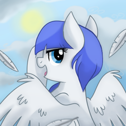 Size: 400x400 | Tagged: safe, artist:itstaylor-made, oc, oc only, oc:snow pup, equine, fictional species, mammal, pegasus, pony, feral, friendship is magic, hasbro, my little pony, 1:1, cloud, feather, female, flying, low res, profile picture, solo, solo female, sun, wings