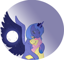 Size: 2171x2022 | Tagged: safe, artist:silent-nona-light, fluttershy (mlp), princess luna (mlp), alicorn, equine, fictional species, mammal, pegasus, pony, feral, friendship is magic, hasbro, my little pony, 2011, duo, female, female/female, feral/feral, high res, horn, hug, lunashy (mlp), moon, shipping