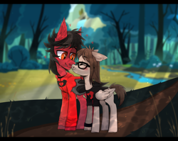 Size: 3148x2502 | Tagged: safe, artist:b1skv1t_, bat pony, equine, fictional species, mammal, pegasus, pony, feral, clandestine industries, fall out boy, friendship is magic, hasbro, mikey way, my chemical romance, my little pony, pete wentz, 2020, bat wings, black hair, black mane, blushing, brown eyes, brown hair, brown mane, brown tail, clothes, commission, cutie mark, digital art, duo, duo male, ear fluff, eyes closed, fangs, feathered wings, feathers, feral/feral, floppy ears, fluff, folded wings, forest, fur, glasses, hair, heart, high res, hoodie, letterboxing, male, male/male, males only, mane, nuzzling, ponified, red fur, river, shipping, shirt, short tail, slit pupils, stallion, standing, t-shirt, tail, tan fur, teeth, topwear, tree, undershirt, webbed wings, wings, wristband, ych result