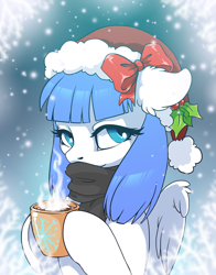 Size: 2741x3500 | Tagged: safe, artist:arctic-fox, edit, oc, oc only, oc:snow pup, equine, fictional species, mammal, pegasus, pony, feral, friendship is magic, hasbro, my little pony, bow, bust, chocolate, christmas, clothes, female, food, hat, high res, holding, holiday, holly, hot chocolate, hot drink in cold weather, portrait, santa hat, scarf, snow, solo, solo female