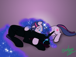 Size: 1024x768 | Tagged: safe, artist:silent-nona-light, twilight sparkle (mlp), oc, oc:nyx (past sins), alicorn, equine, fictional species, mammal, pony, feral, past sins, friendship is magic, hasbro, my little pony, 2011, black fur, comforting, crying, cutie mark, duo, eyes closed, female, fur, gradient background, hair, horn, hug, mane, no pupils, signature, tail, teal eyes