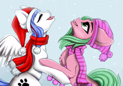 Size: 4000x2800 | Tagged: safe, artist:athenawhite, oc, oc only, oc:pine berry, oc:snow pup, earth pony, equine, fictional species, mammal, pegasus, pony, feral, friendship is magic, hasbro, my little pony, chest fluff, clothes, cutie mark, duo, female, fluff, hat, licking, rearing, scarf, snow, snowfall, spread wings, tongue, tongue out, toque, wings, winter