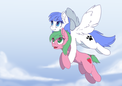 Size: 3508x2480 | Tagged: safe, artist:arctic-fox, oc, oc only, oc:pine berry, oc:snow pup, earth pony, equine, fictional species, mammal, pegasus, pony, feral, friendship is magic, hasbro, my little pony, carrying, duo, female, flying, happy, high res, holding, holding a pony, mare, open mouth, simple background, sky, smiling, spread wings, wings