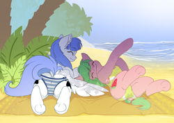 Size: 3508x2480 | Tagged: suggestive, artist:arctic-fox, oc, oc only, oc:pine berry, oc:snow pup, earth pony, equine, fictional species, mammal, pegasus, pony, feral, friendship is magic, hasbro, my little pony, beach, beach towel, bikini, bikini bottom, butt, clothes, dock, duo, female, high res, lying down, lying on stomach, one-piece swimsuit, palm tree, panties, prone, shade, smiling, spread wings, striped clothes, striped panties, striped underwear, swimsuit, tail, towel, tree, underwear, wings