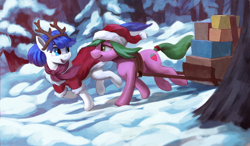 Size: 1600x937 | Tagged: safe, artist:jotun22, oc, oc:pine berry, oc:snow pup, earth pony, equine, fictional species, mammal, pegasus, pony, feral, friendship is magic, hasbro, my little pony, antlers, christmas, clothes, duo, female, hat, holiday, looking at each other, male, mare, reindeer antlers, running, santa hat, scarf, sled, smiling, stallion, winter