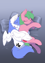Size: 2480x3508 | Tagged: safe, artist:arctic-fox, oc, oc:pine berry, oc:snow pup, earth pony, equine, fictional species, mammal, pegasus, pony, feral, friendship is magic, hasbro, my little pony, bed, cuddling, duo, female, high res, hug, mare, pillow, sleeping, spooning, spread wings, wing blanket, wings