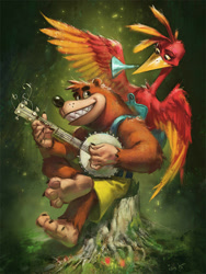 Size: 800x1066 | Tagged: safe, artist:bigmac996, banjo (banjo-kazooie), kazooie (banjo-kazooie), bear, bird, breegull, fictional species, mammal, red crested breegull, anthro, feral, semi-anthro, banjo-kazooie, rareware, 2015, banjo, duo, duo male and female, female, kazoo, looking at each other, male, sitting, tree stump