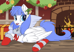 Size: 3508x2480 | Tagged: safe, artist:arctic-fox, oc, oc only, oc:snow pup, equine, fictional species, mammal, pegasus, pony, feral, friendship is magic, hasbro, my little pony, bricks, christmas, clothes, collar, female, fireplace, high res, holiday, holly, legwear, lying down, mare, open mouth, ornaments, present, prone, ribbon, smiling, socks, solo, solo female, striped clothes, striped legwear, wings