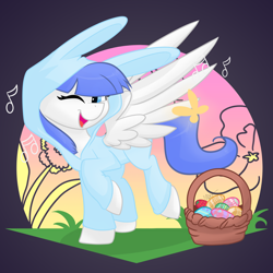 Size: 2460x2460 | Tagged: safe, alternate version, artist:cadetredshirt, oc, oc only, oc:snow pup, arthropod, butterfly, equine, fictional species, insect, mammal, pegasus, pony, feral, friendship is magic, hasbro, my little pony, 2020, animal costume, basket, blue eyes, bunny costume, bunny ears, clothes, commission, costume, easter, easter basket, easter egg, egg, female, high res, holiday, musical note, one eye closed, singing, smiling, solo, solo female, spread wings, sunset, walking, wings, winking, ych result