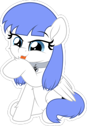 Size: 5000x7188 | Tagged: safe, artist:jhayarr23, oc, oc only, oc:snow pup, equine, fictional species, mammal, pegasus, pony, feral, friendship is magic, hasbro, my little pony, absurd resolution, behaving like a cat, blue outline, collar, colored outline, commission, double outline, female, fluff, fur, gray outline, licking, mare, simple background, sitting, solo, solo female, tongue, tongue out, transparent background, white body, white fur, white outline, ych result