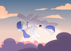 Size: 1400x1000 | Tagged: safe, artist:hi_im_cranberry, oc, oc only, oc:snow pup, equine, fictional species, mammal, pegasus, pony, feral, friendship is magic, hasbro, my little pony, backflip, cloud, collar, commission, female, flying, pet tag, reaching, sky, solo, solo female, sunrise, wings, ych result